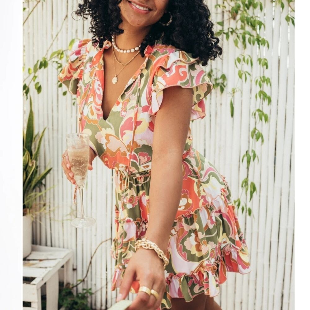 Show Me Your Mumu Wild Dreams Retro Ruffle Mini Dress Pink Green Floral NWT XXL - Picture 2 of 13